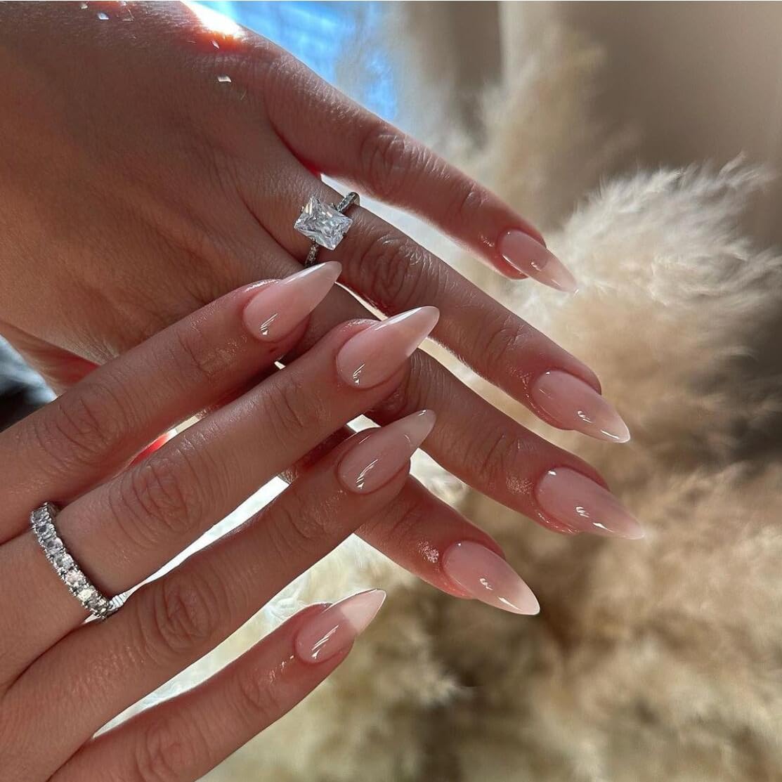 KQueenest Transparent Nude Pink Press on Nails Medium Almond,Clear Pure Color Stiletto Acrylic Nails,Medium Fake Nails Press ons for Women,Natural Glue on Nails for Women Manicure in 24 PCS