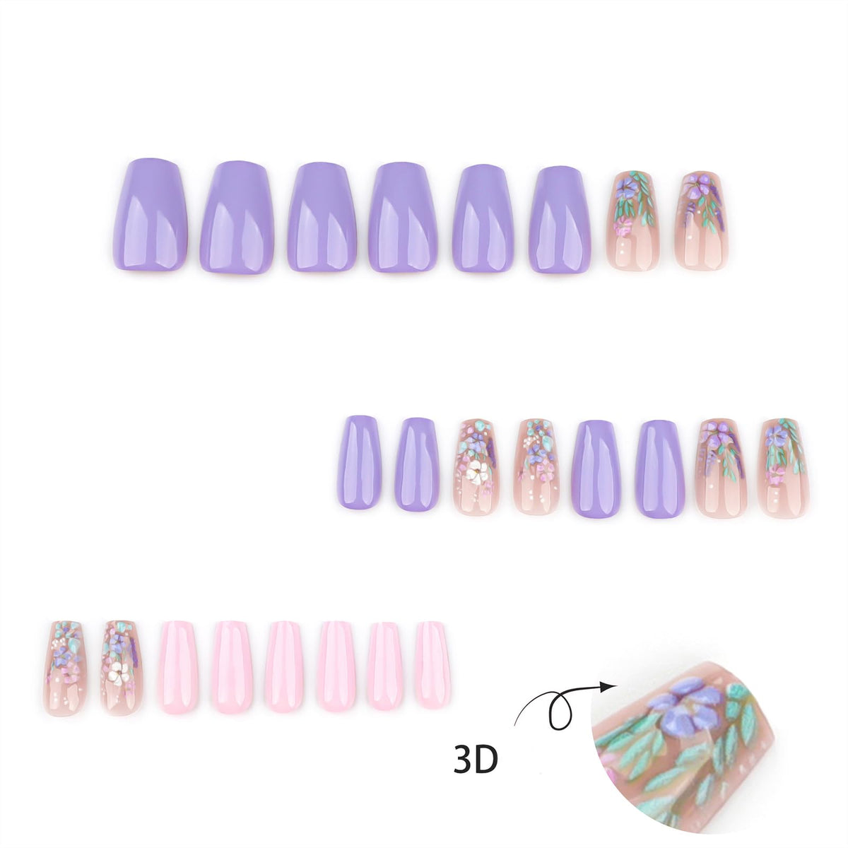 Spring Purple Floral French Press on Nails Medium Ballet Fake Nails 3D Floral False Nails with Purple and Pink Design Glossy Spring Stick on Nails for Women Girls Manicure Decoration 24 pcs