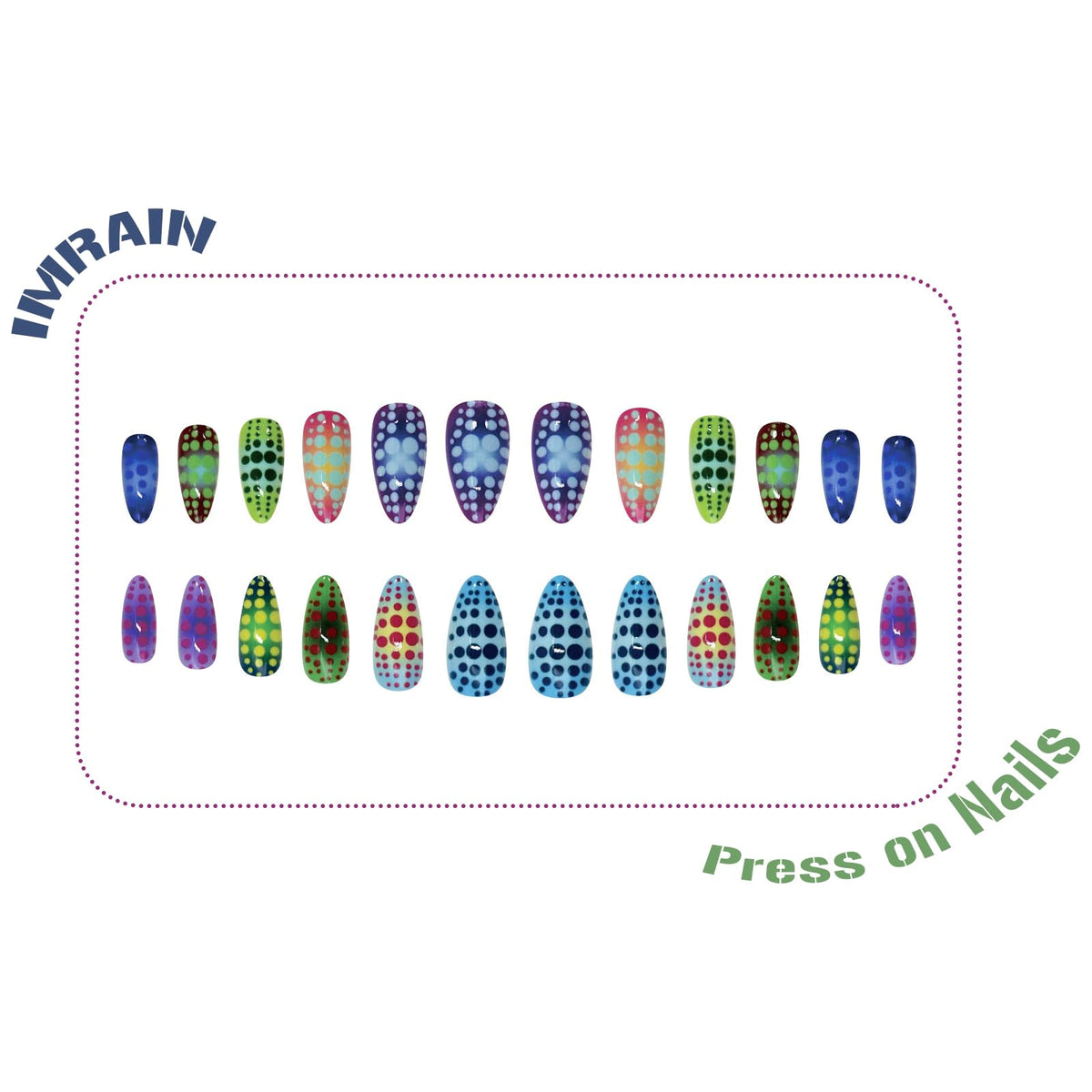 IMRAIN Medium Press on Nails Almond Fake Nails Colorful Ombre False Nails with Polka Dot Design Glossy Glue on Nails Full Cover Y2K Cute Artificial Acrylic Nail Supplies for Women