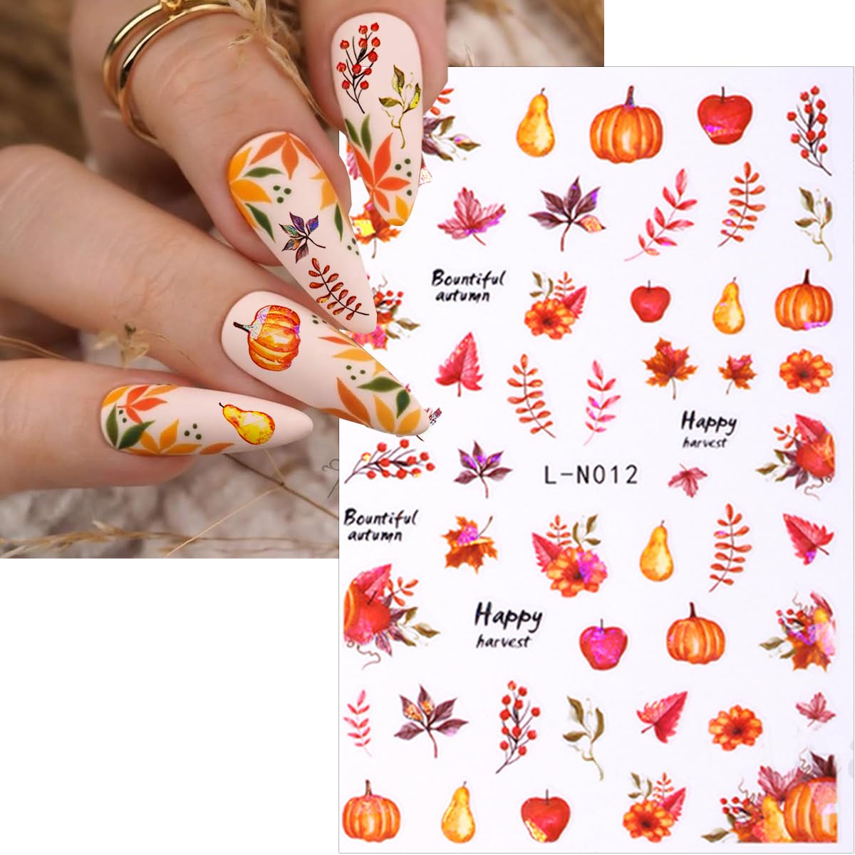 6 Sheets Fall Nail Art Stickers 3D Autumn Leaves Nail Decals Self-Adhesive Autumn Nail Art Supplies Thanksgiving Apricot Leaves Pumpkin Design Nail Stickers for Women Nail Decorations Accessories