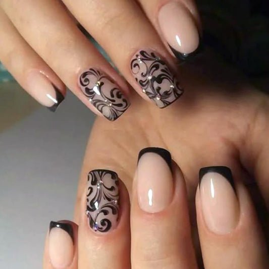 24 Pcs Press on Nails - Black French Tip with Elegant Swirl Design & Rhinestones - Glossy Reusable False Nails Kit with Nail File and Glue Adhesive Tabs