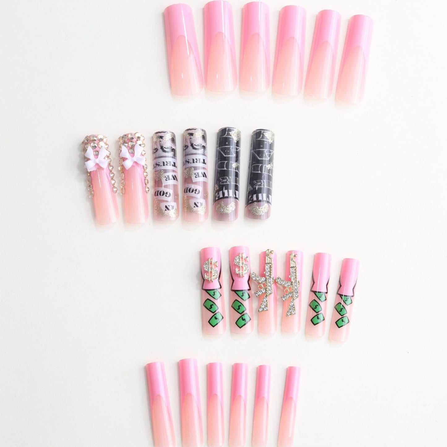 IMRAIN Long Square Press on Nails Pink French Tip Fake Nails with Designs Gold Charms & Rhinestone False Nails Glossy Glue on Nails Artificial Extra Long Nail Supplies 24Pcs