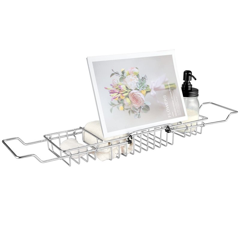 HOMEE Stainless Steel Shower Caddy Tray with Removable Book Holder, European Style Extendable Rectangular Bathroom Tray for Shower Bath Phone IPad Book Holder Candleholder Table Shelf - Silver