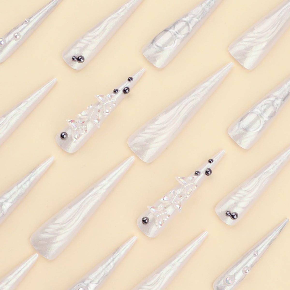 IMRAIN Press on Nails Long Stiletto Fake Nails White Chrome Glossy Glue on Nails Full Cover Pearl Extra Long Acrylic Nail Kit Stick on False Nails for Women Girls 24Pcs