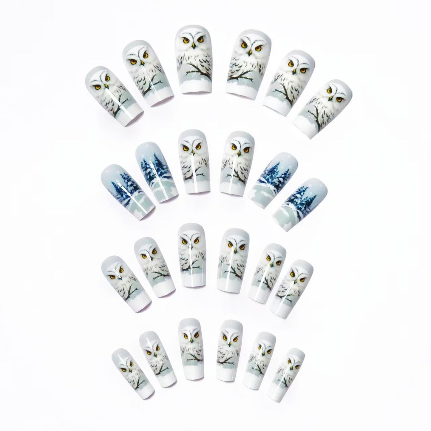 Christmas Press on Nails Medium Square Branch Winter Fake Nails White with Designs Owls Snowflake Full Cover Glossy Glue on Nails Xmas Acrylic Nails for Women Girls 24 Pcs