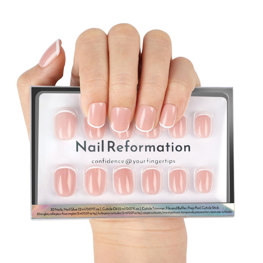 Nail Reformation Press On Nails, She’s a Natural | Short Square Fake Nails in White French Tip on Nude Base in a Glossy Finish, Reusable Stick On Nails in 15 Sizes - 30 False Nail Kit for Women Gifts