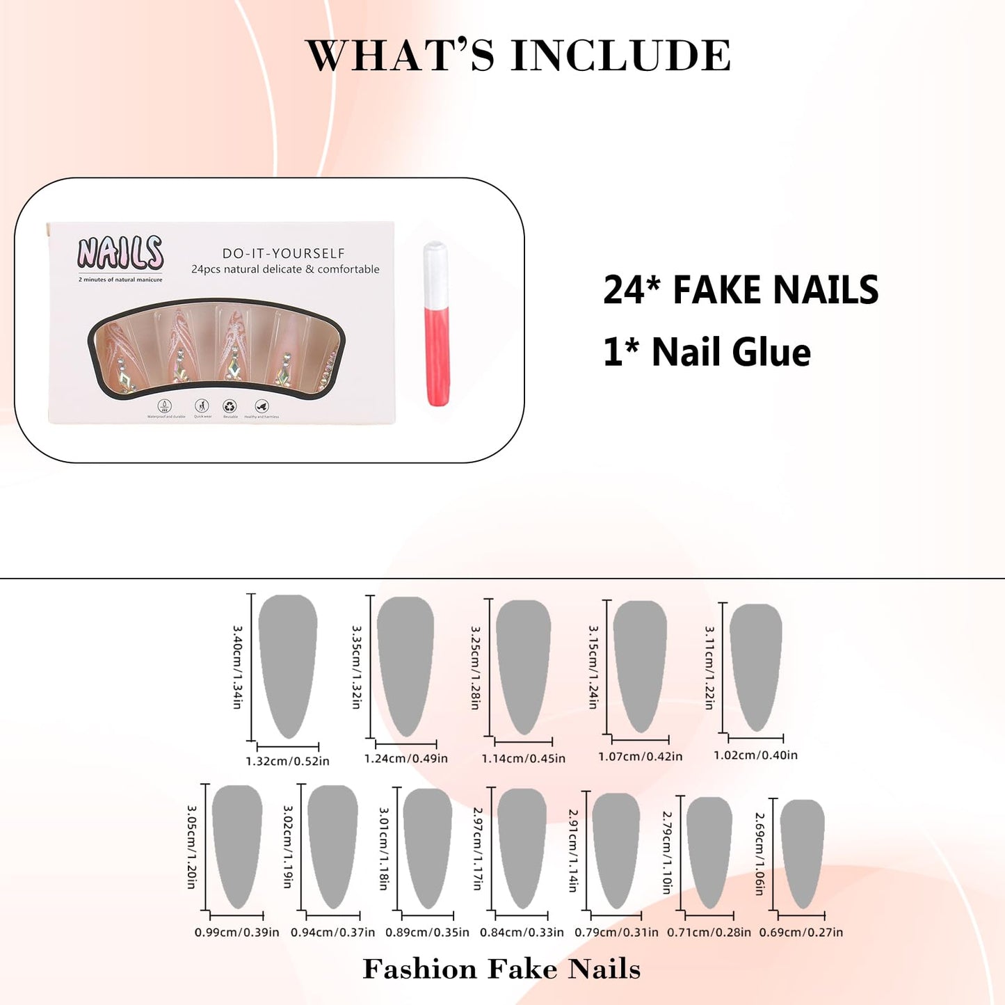 IMRAIN Press on Nails Long Stiletto Fake Nails Nude White French Tips Full Cover Almond Artificial Glitter False Nails with Rhinestone Designs Glossy Glue on Acrylic Nail Supplies 24Pcs