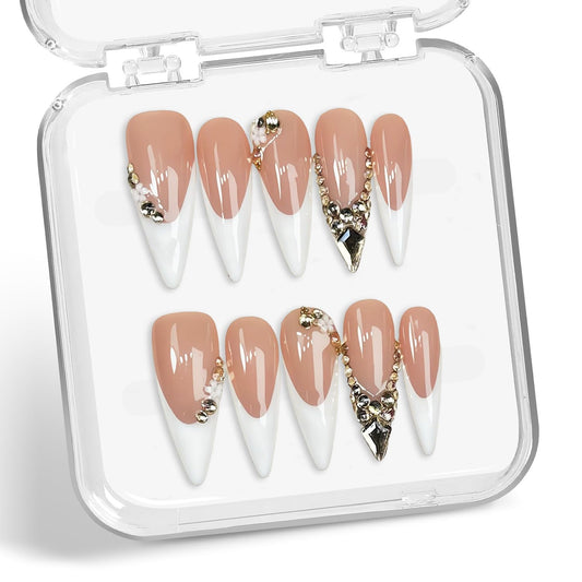 Handmade White French Press on Nails Long Stiletto False Nail with 3D Rhinestone Designs Handmade Flower Fake Nails Muti-Layer Gel Acrylic Nail Full Cover Stick on Nails for Women（M)