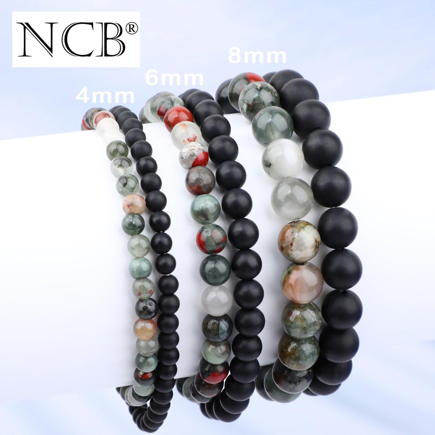 NCB 2-Piece 4mm Natural Crystal Gemstone Stretch Bracelets – ﻿African Bloodstone, Matte Black Agate Handmade Reiki Energy Healing Jewelry for Meditation,Yoga, Unisex
