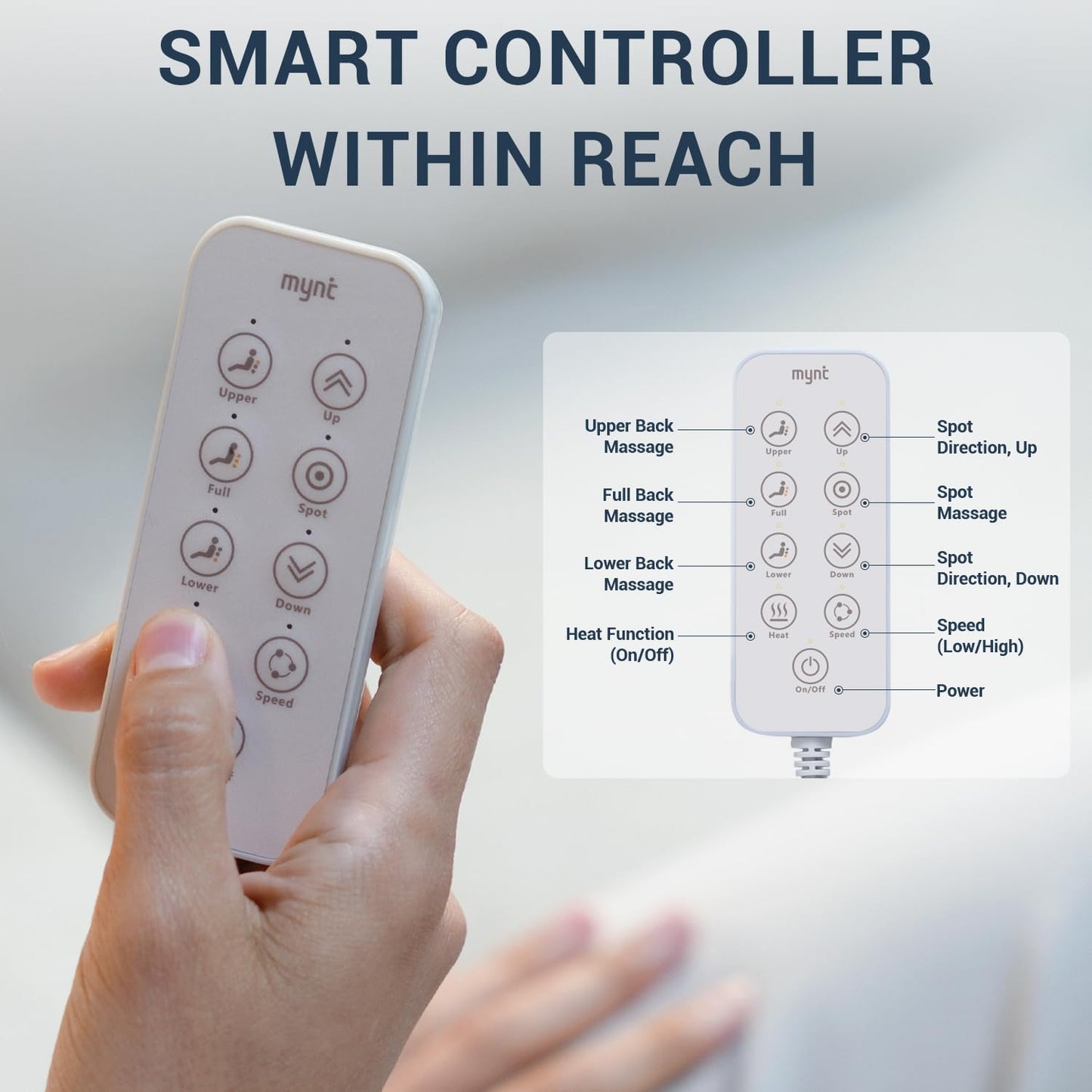 Mynt FSA HSA Eligible Foldable Back Massager, Chair Massager with Soothing Heat, Flexible Massage Chair Pad with Soft S-Curve Longer Track Adjustable Pillow for Diverse Body Contours, FSA/HSA Approved
