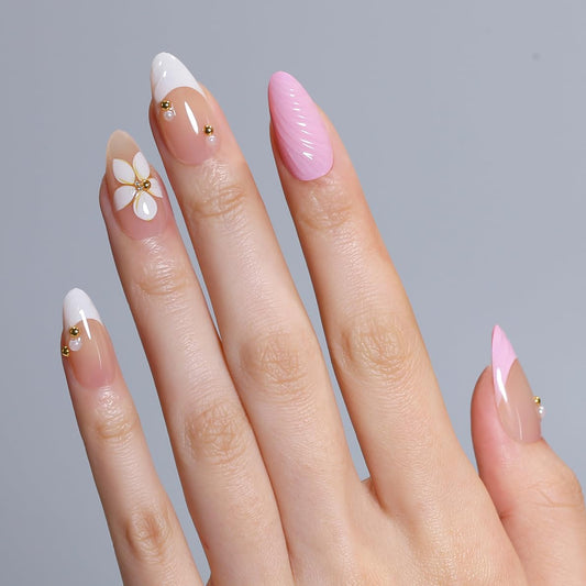 Goolich Bright Pink French Tip Press On Nails Short Almond, Bead with 3D Floral Mermaid Nails Press ons Set with Adhesive Tabs, 24 Pcs 12 Size Reusable Full Cover Glue on Nails for Women