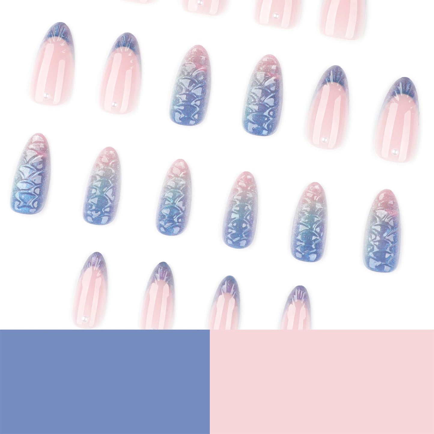 24pcs French Tip Press on Nails Short Almond Fake Nails with 3D Designs Pearl Glue on Nail Blue False Nail Glitter Full Cover Acrylic Nail Stick on Nails for Women Nail Decoration