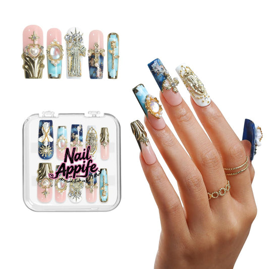 Luxury Gothic Press-On Nails Long Square Shape, Handmade XL Reusable Acrylic Nails with 3D Statue & Cross Charms, Blue Pink Gradient Full Cover Fake Nails for Women