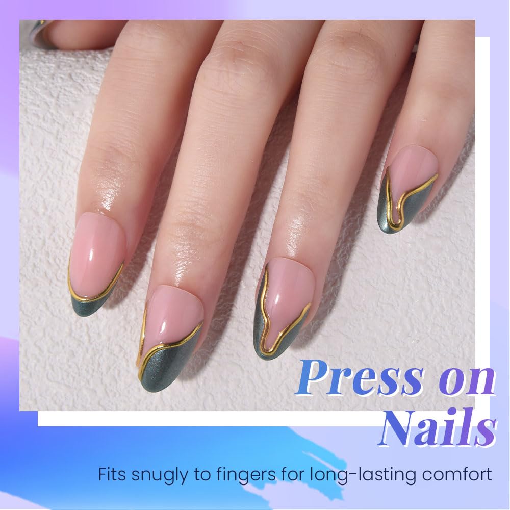evpct French Tip Press On Nails Short Almond, Nude Pink + Gold Line & Dark Green Tips, Short Almond Fake False Press on Nails, Reusable Gel Stick on nail Press ons with Nail Kit, Salon Quality