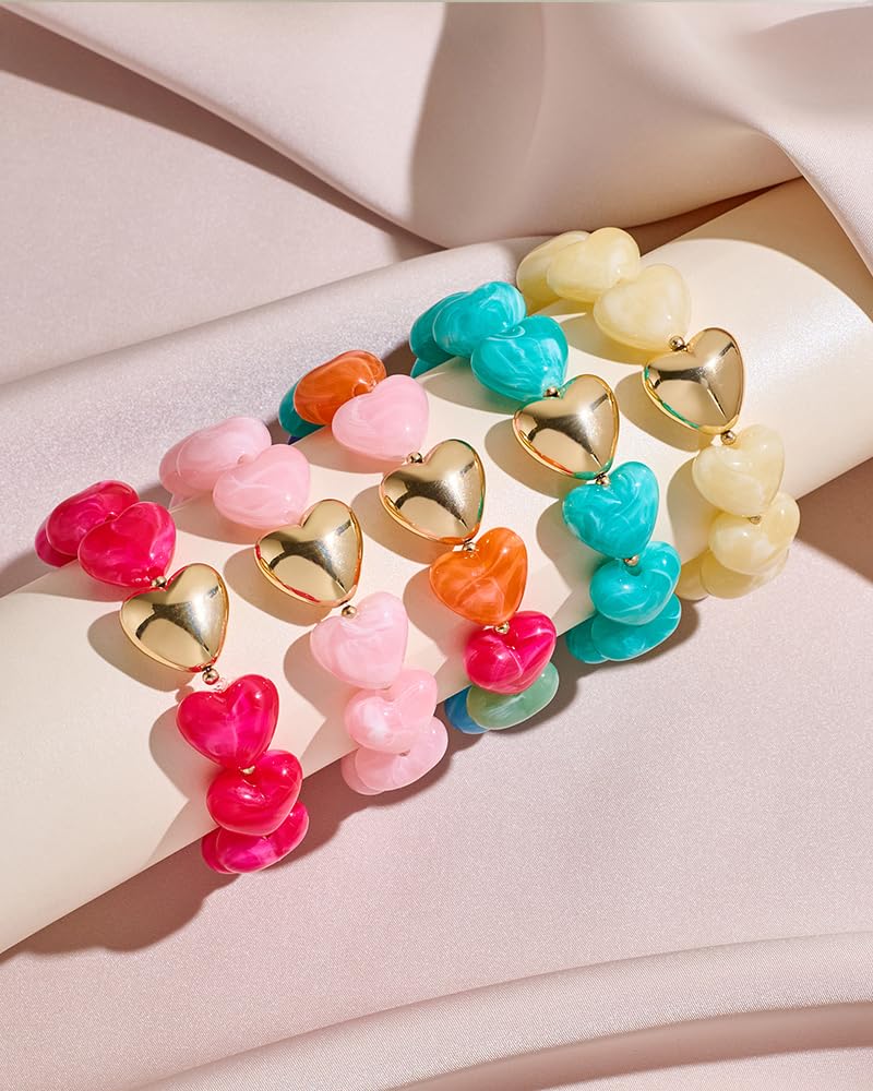 FAUTHENTICUTE Swirled Pink Heart Bracelet for Women Chunky Acrylic Resin Heart-shaped Bead Bracelet Trendy Boho Statement Summer Beach Jewelry Gift For Her