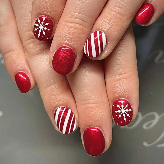 Christmas Press on Short Nails - Square Fake Nails with Snowflake Design - Red False Nails Press ons - for Women Winter Manicure 24 Pcs