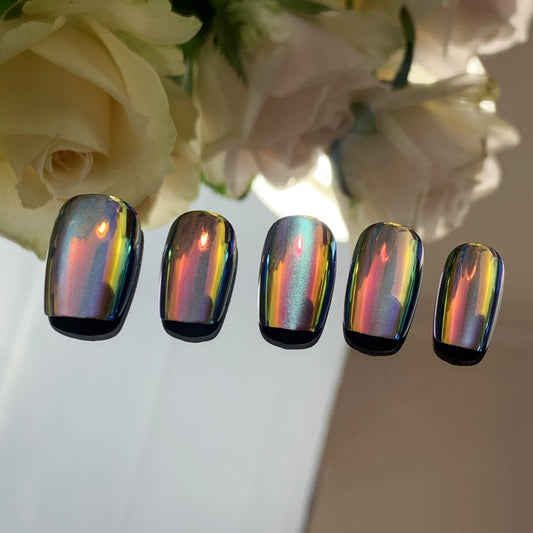 Incantevole Cat's Eye Press On Nails (30PCS；SIZE：XS-S-M), Short Square Fake Nails, Handmade Nails, Gradient Coated False Nail Tips (Mirror Finish Neon Color)