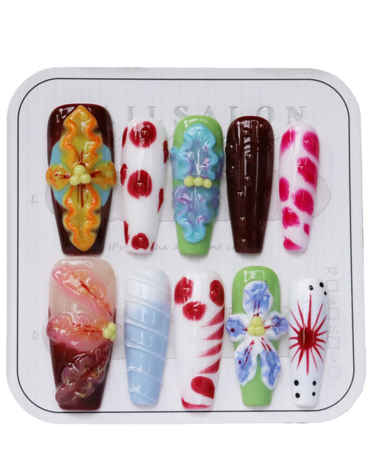 CAMILCY Handmade Press on Nails Long Coffin Glossy 3D Floral Luxury Fake Nails Red Brown Acrylic Nails Art for Women Daily Party Handcrafted Artisan10pcs Nails (B21, S)