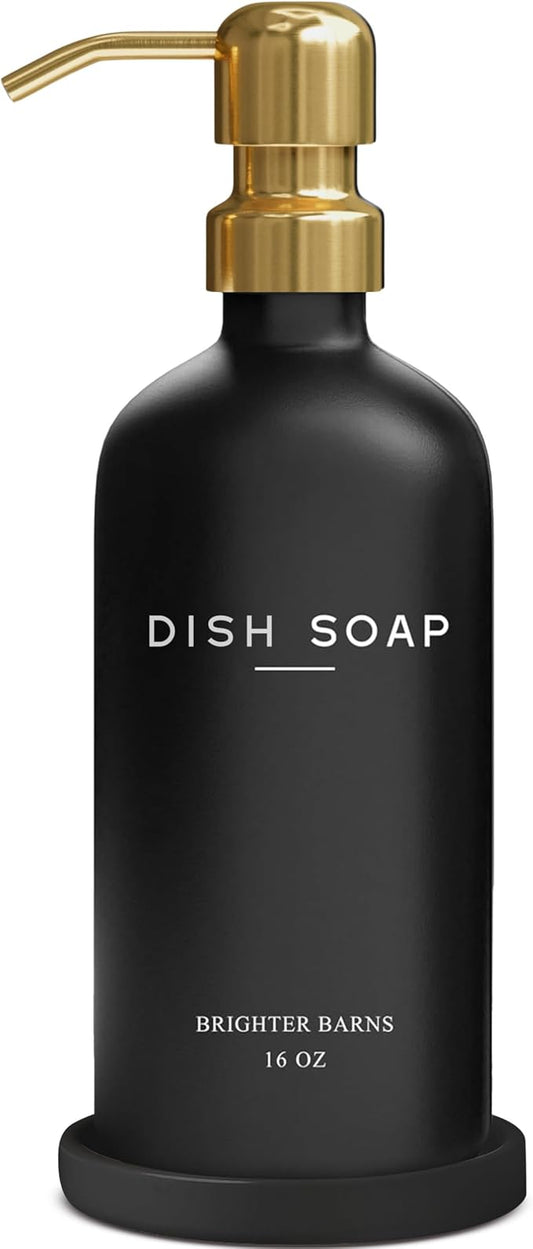 Luxury Glass Dish Soap Dispenser for Kitchen Sink by Brighter Barns - Refillable Glass Kitchen Soap Dispenser Set - Black and Gold Home Decor for Modern Airbnb, Rentals, Restaurants, Gift (Black/Gold)