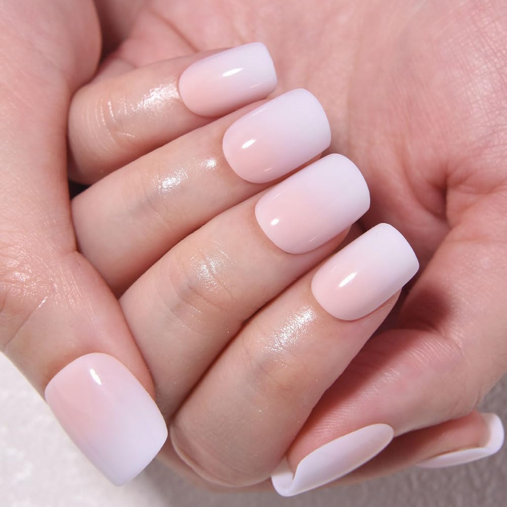 evpct Ombre White to Nude Press on Nails Extra Short, Petite Short Square Glossy Stick on Nails for Women Gift with Manicure Kit, Reusable Soft Gel Stick on Fake Nail with Ombre Designs Perfectly Fit