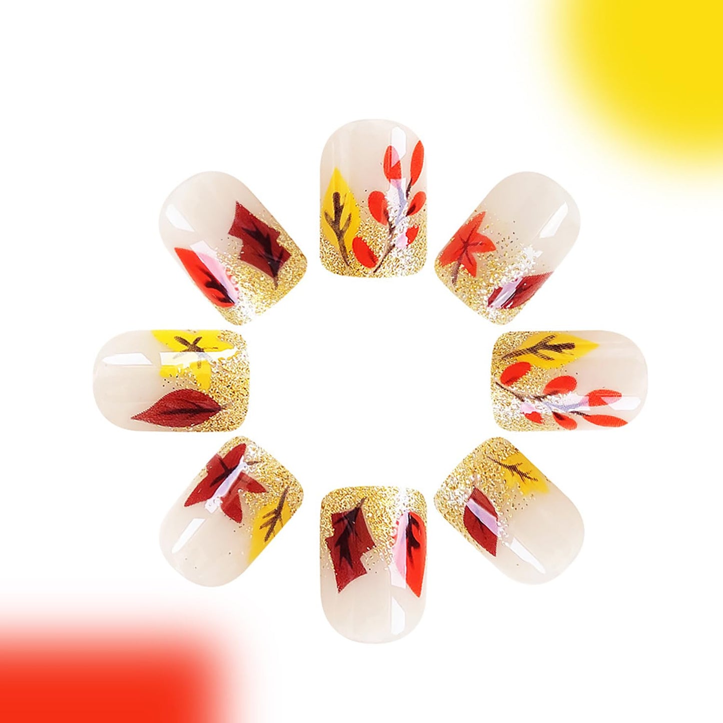 Thanksgiving Press on Nails Short Square Colorful Maple Leaves False Nails with Gold Glitter Powder Design French Acrylic Nails Fall Full Cover Glossy Coffin Nails Reusable Glue on Nails for Women