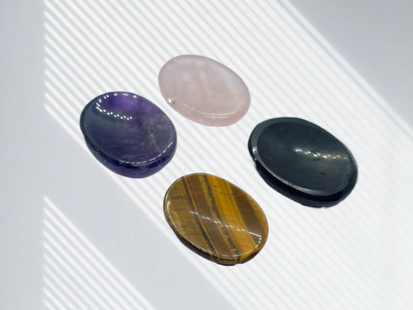 Set of 4 Pieces of Amethyst, Rose Quartz, Tigers Eye, Black Tourmaline Thumb Worry Stones Metaphysical Gemstone Crystal Healing Reiki Men Women Gift