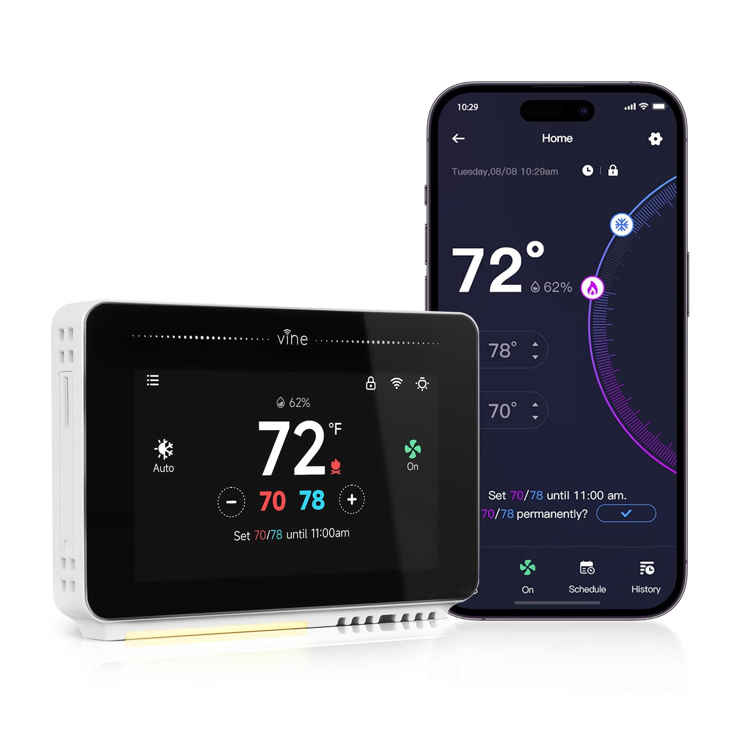 Vine Smart Thermostat for House with Nightlight, 4.3 Inches WiFi Thermostats for Home Compatible with Alexa and Google Assistant, 7day x 8period Programmable, C-Wire Required