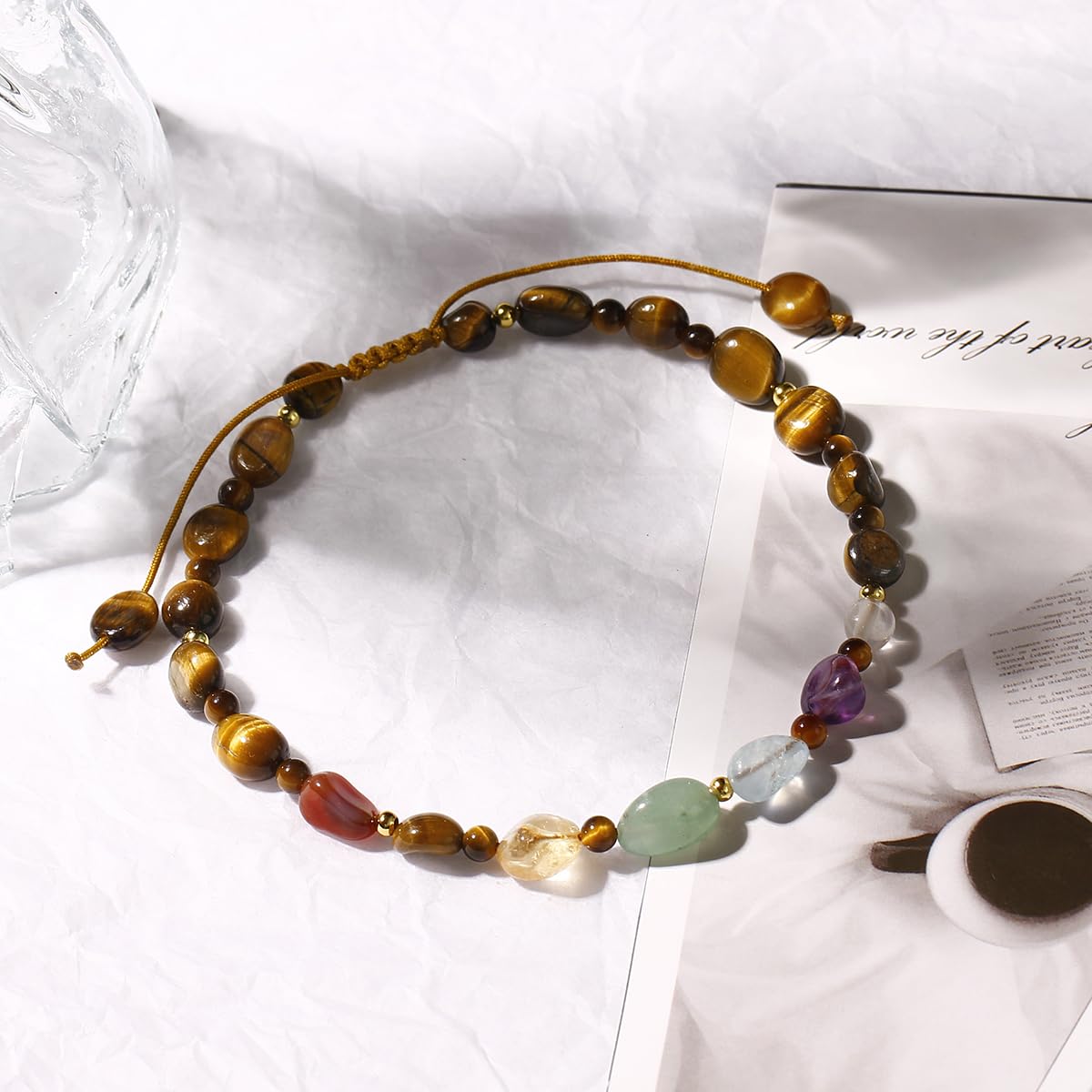 Jewever 7 Chakra Crystals and Stones Anklet Irregular Tumbled Gems Beaded Ankle Bracelets for Women Spiritual Energy Meditation Yoga Healing Jewelry Mom's Gifts (Tiger’s Eye)