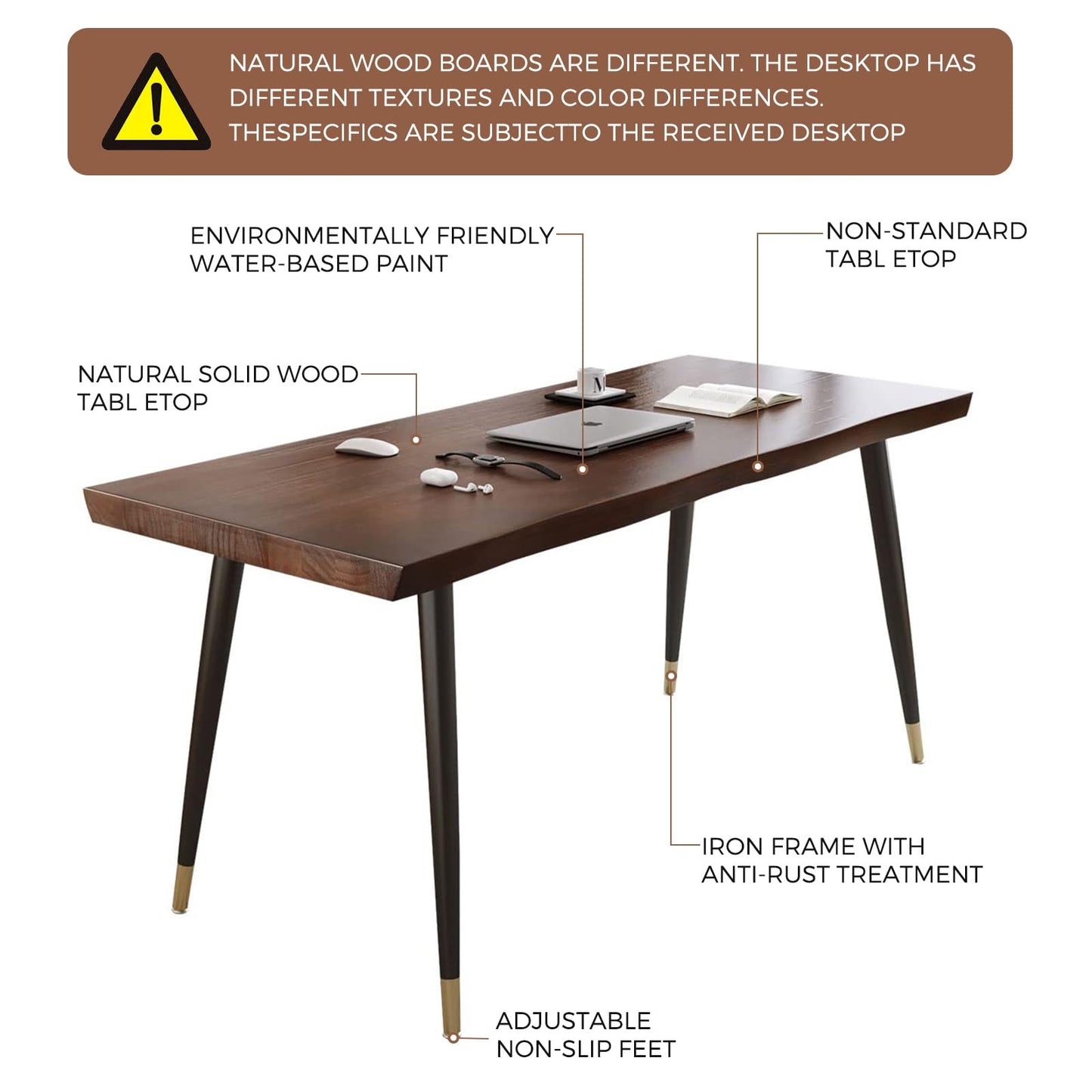 Sihtengxxhongs Modern Simple Style 55" Standing Desk Study Computer Desk - Black Metal Frame, Solid Wood Planks, for Home Office Bedroom