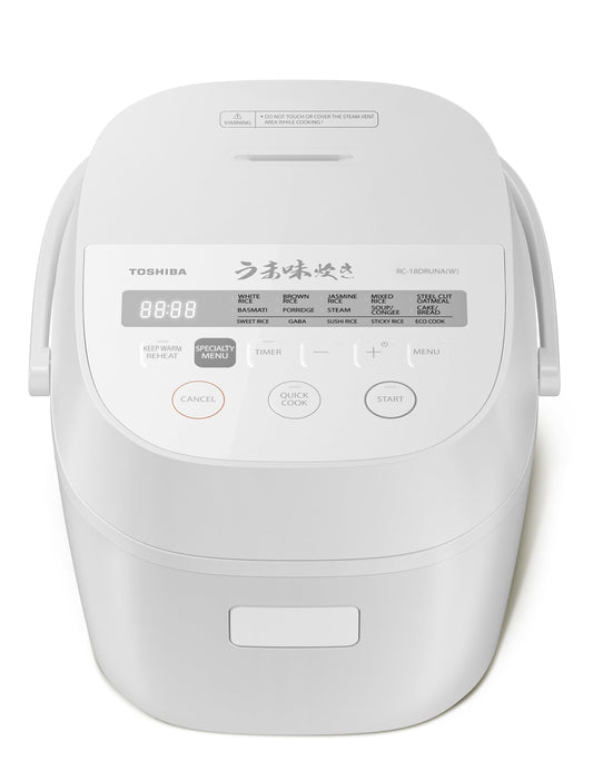 TOSHIBA OriginTaste Rice Cooker 10-Cup Uncooked, Fuzzy Logic, 15-in-1 Functions, Digital Display, Delay Timer, Keep Warm, Nonstick Inner Pot, White