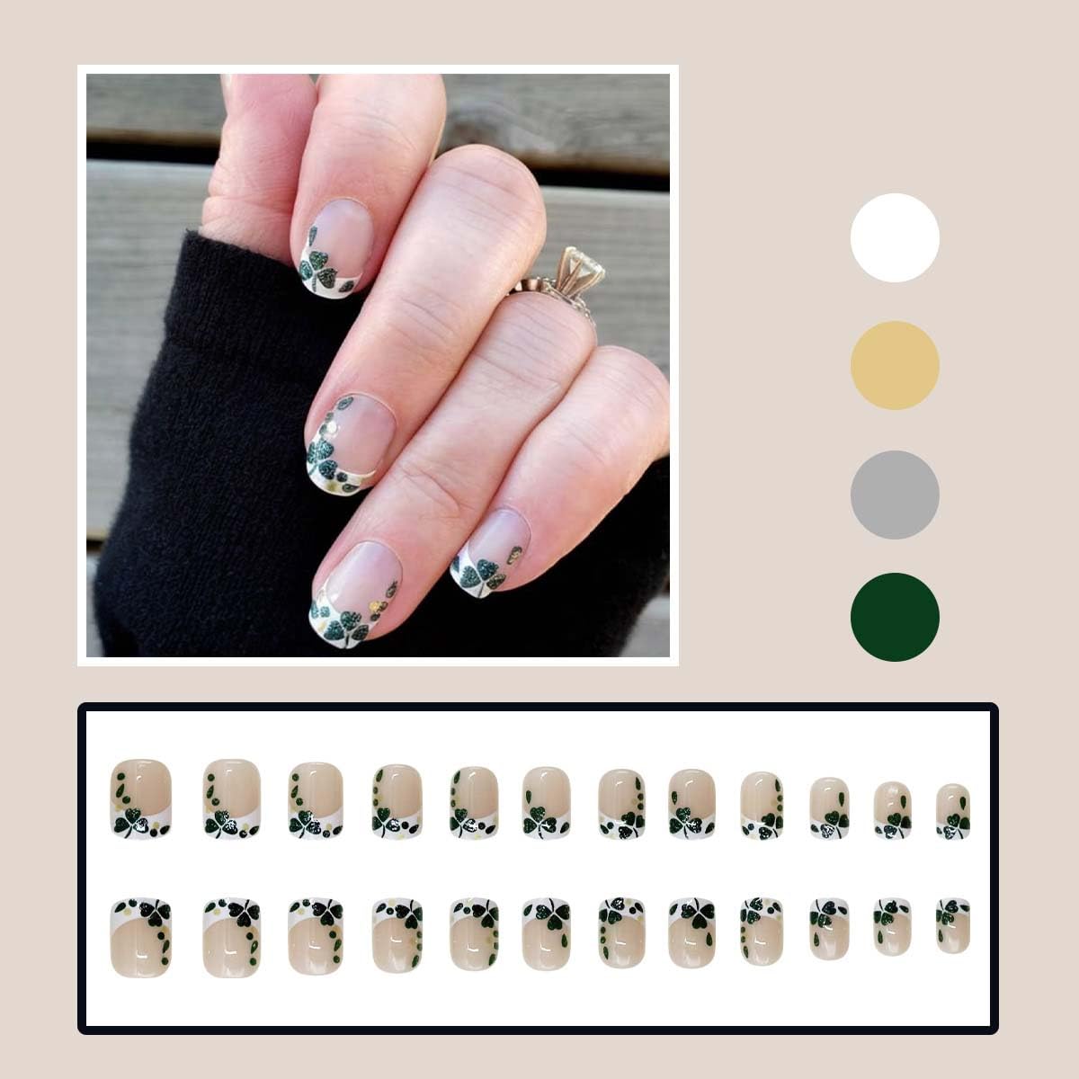 24Pcs St. Patrick's Day Press on Nails Short Square French Tip Fake Nails with Shamrock Designs Full Cover False Nails Dark Green Lucky Clover Acrylic Glue on Nails for Women Saint Patrick Nail Decor