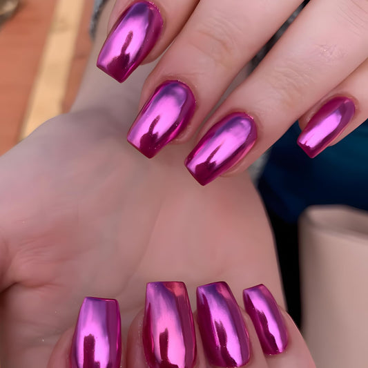 Square Press on Nails Medium Purple Mirror Fake Nails Metal Plating Coffin False Nails Acrylic Nails Full Cover Stick on Nails Glue on Nails for Women