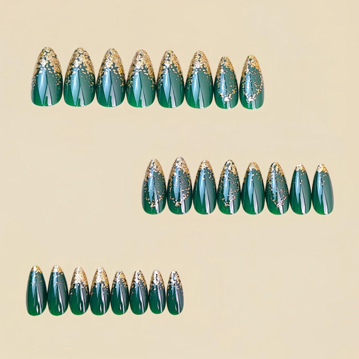RUOKEXIN Almond Press on Nails Medium Fake Nails Gold Glitter False Nails with Designs Green Full Cover Nail Press ons Sparkly Artificial Nails for Women 24Pcs