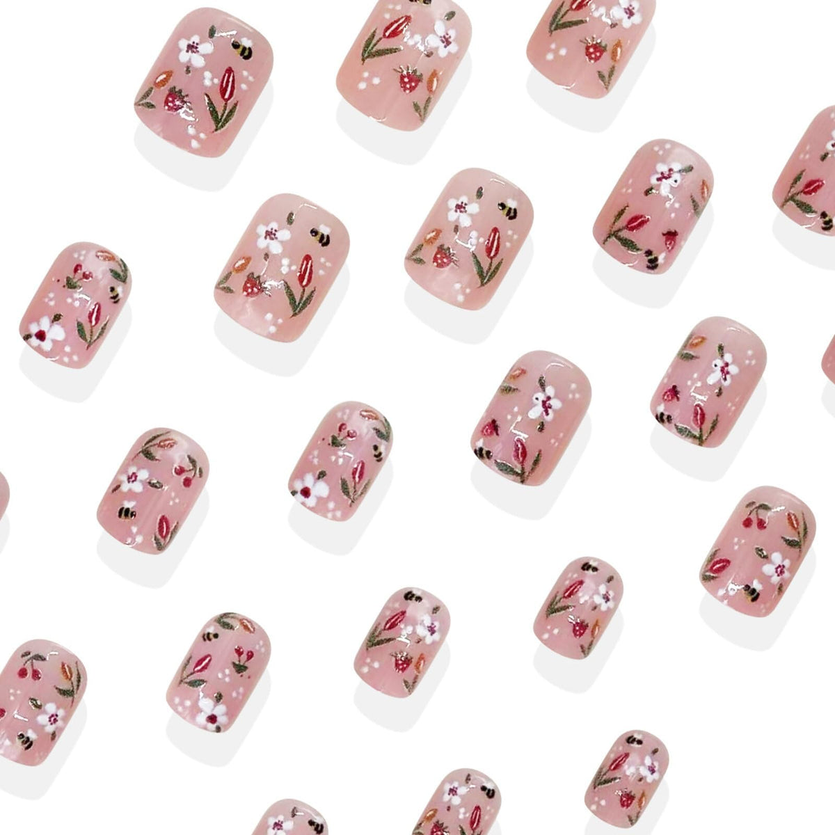 Floral Medium Square Press on Nails Soft Nude Base Multi color Floral Bee Strawberry Accents Glossy Finish Reusable Spring Nails Easy Apply Fashion Wear Durable Trendy Women Girls Nail Art 24 Pcs
