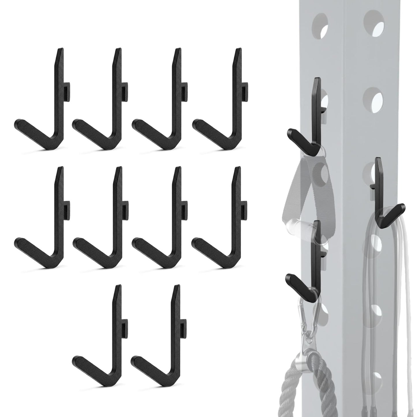 Lights Mountain Power Rack Hooks 10 Pack, J Hooks for Squat Rack, Heavy Duty Gym Storage Hooks for Resistance Bands, Belts, Chains & Cable Attachments & Accessories, Fits 5/8" & 1"" Holes"