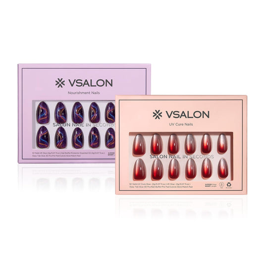 VSALON Press On Nails Short Almond, Red Cat Eye Press On & Purple Blue Ribbon Cat Eye Fake Nails Reuasble Glue on Nails For Women