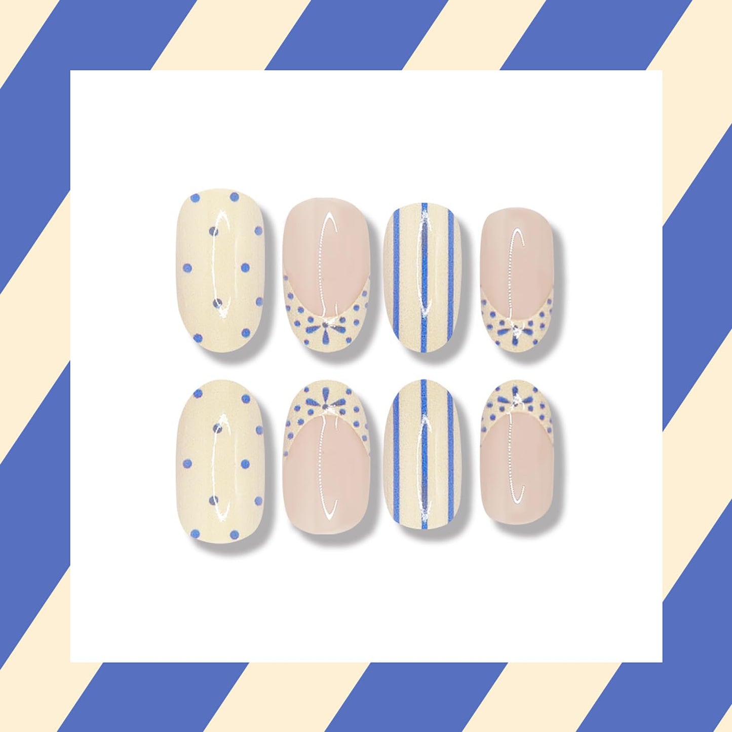 Polka Dot Press On Nails Short Almond Fake Nails French False Nails With Blue Stripe Design Reusable Acrylic Nail Press Ons Glossy Full Cover Glue On Nails For Women Manicure 24Pcs