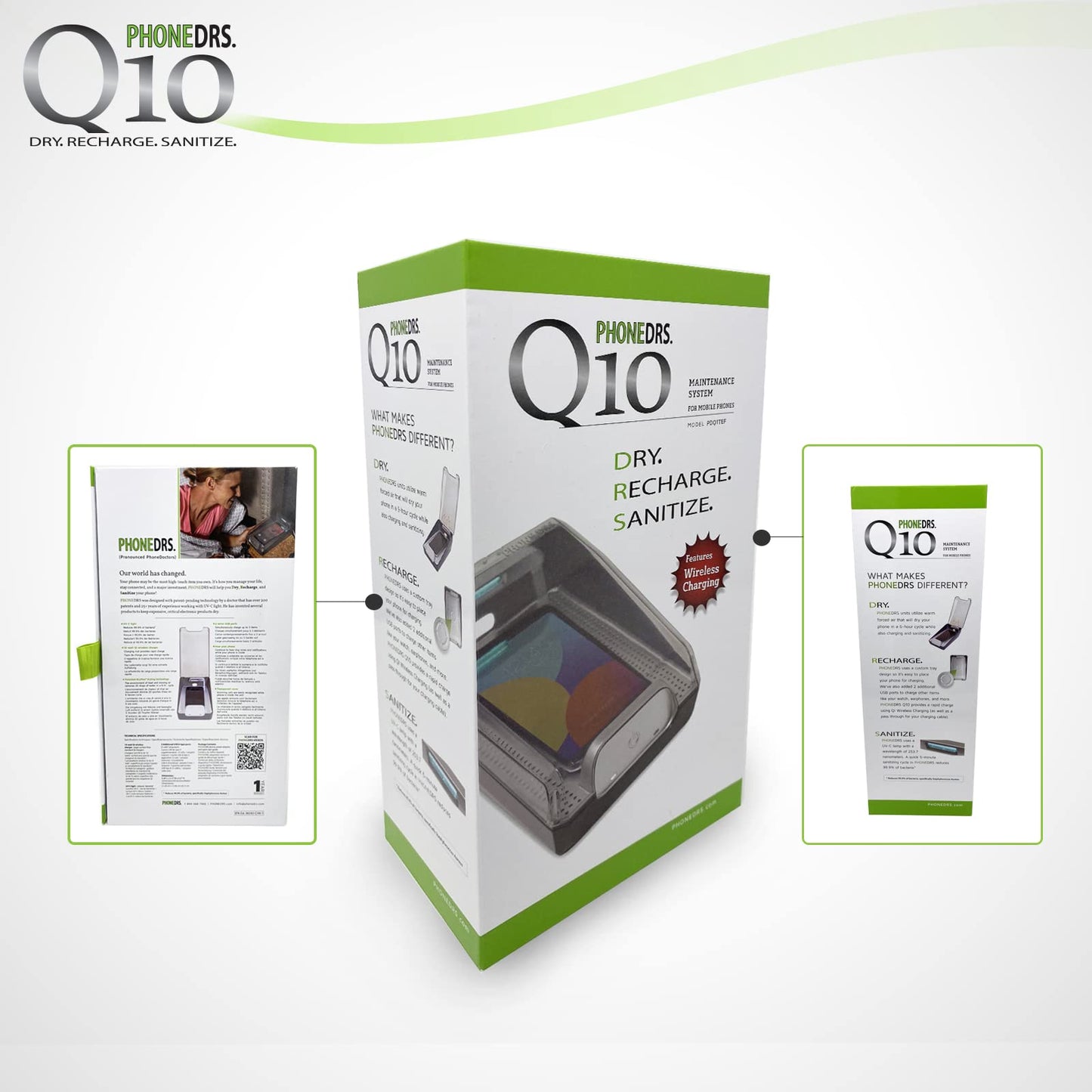 PHONEDRS Q10 UV-C Cell Phone Sanitizer with Dryer and Qi Wireless Charging | Cleans, Dries and Charges All Phones
