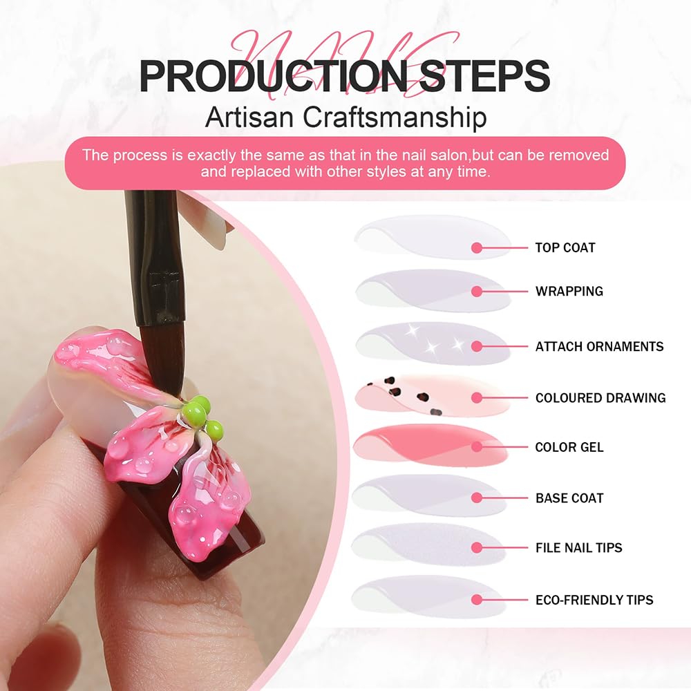 Handmade Press on Nails Coffin Medium False Nails Black French Tip with 3D Flower Designs Rhinestones Charm Cute luxury Sparkly Acrylic Nails for Women (Size M）10pcs
