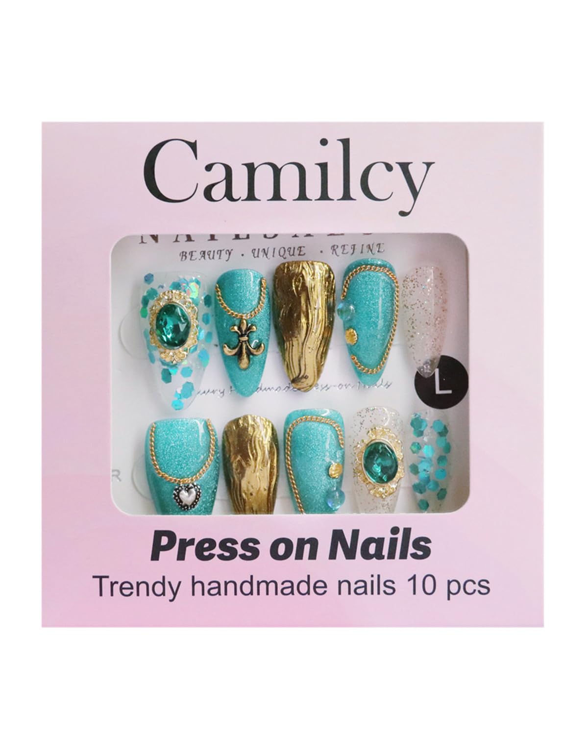 CAMILCY Press on Nails Handmade Nails Luxury Reusable Fake Nails For Girls Short Almond armor Golden Green Diamonds HandPainted Salon Loveful Design Acrylic GelUV Finished 3D Nails 10PCS(A014, M)