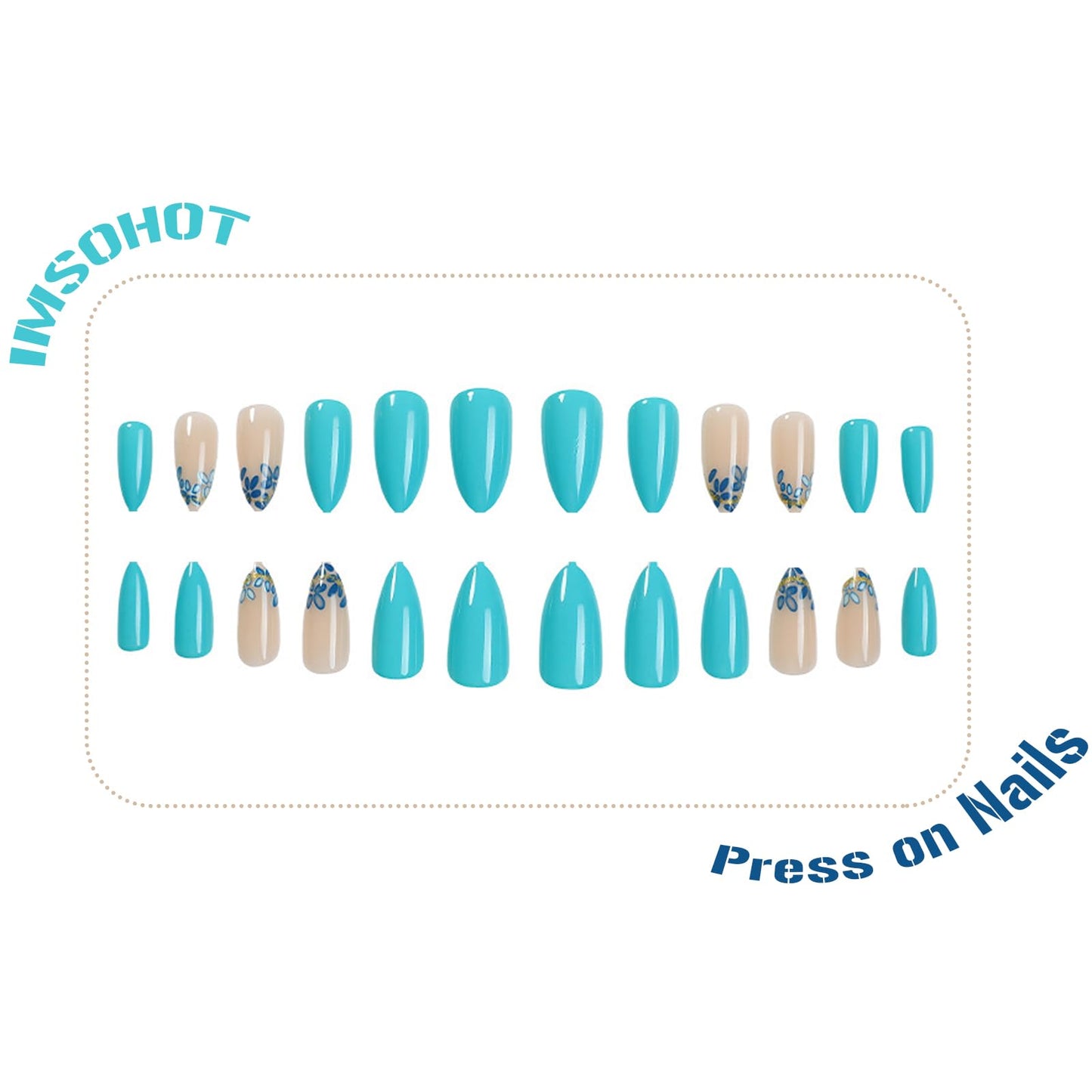 IMSOHOT Press on Nails Medium Almond Fake Nails with Blue Flower Design Glossy Gel False Nails Full Cover Artificial Acrylic Glue Stick on Nails for Women Manicure Kit 24Pcs