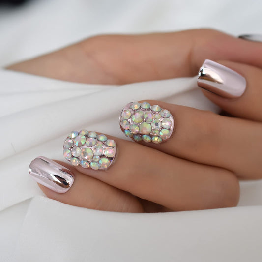 24pcs Metallic Mirror False Fake Nails With Design Short For Office Ladies Student Daily Wear, Full Cover 3D Bling Luxury Artificial Nails Press On Rhinestone Crystal For Wedding Bridal