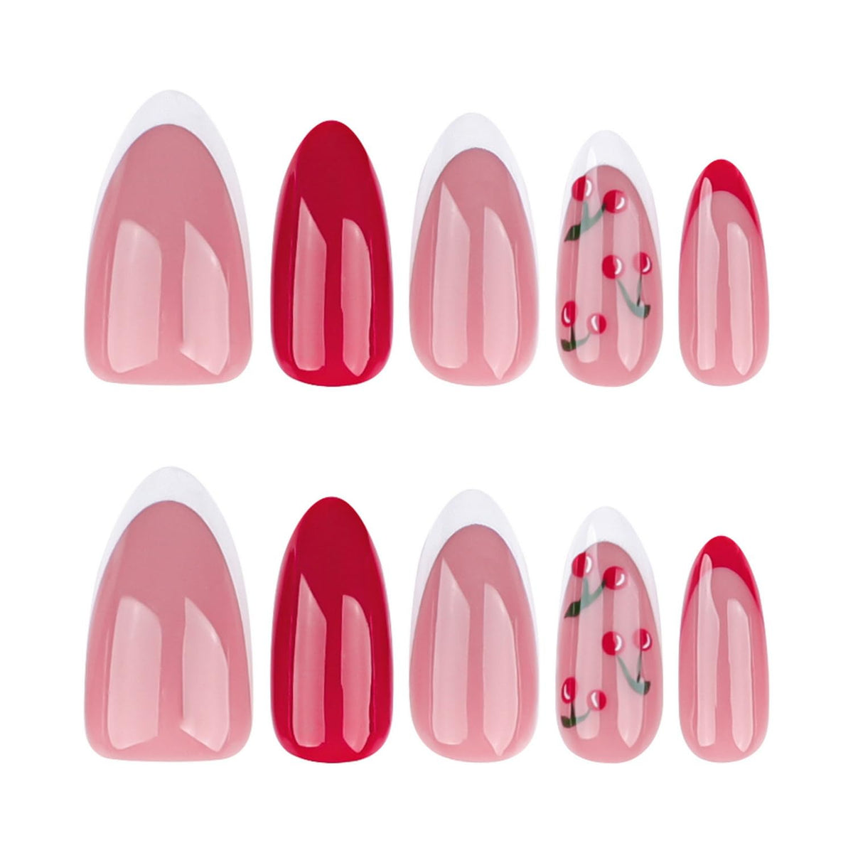 Almond Press on Nails Short Fake Nails with Cherry designs Stick on Nails Glossy Nude False Nails Full Cover White Red French Tip Acrylic Nails Gel Glue on Nails for Women Girls DIY Manicure24pcs