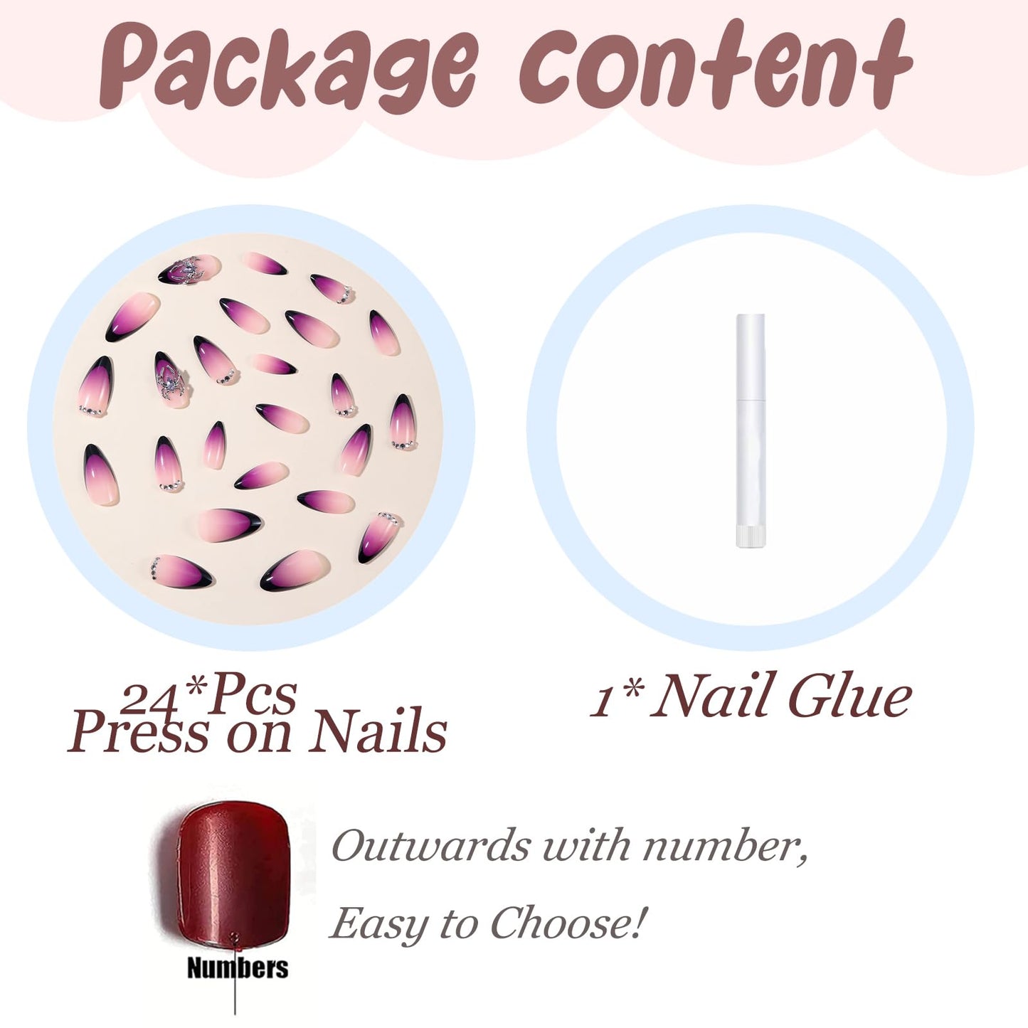 BABALAL Medium Almond Press on Nails, Black Gothic French Tip Acrylic Nails with Spider Charm and Purple Ombre Design, 24Pcs Halloween Full Cover Glue on Nails for Women and Girls