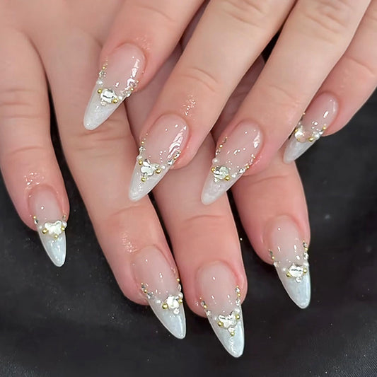 24Pcs Medium Almond Press on Nails - Press ons 3D Butterfly Rhinestone Pearl Chains Design Fake Nails French Tip False Nails Nude Pink Full Cover Sparkly Butterflies Artificial Stick on Nail for Women