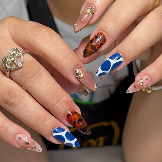 plalely Long Press on Nails Almond Blue Acrylic Press on Nails with Turtle Print Designs Long Almond Nail Tips for Women 24pcs