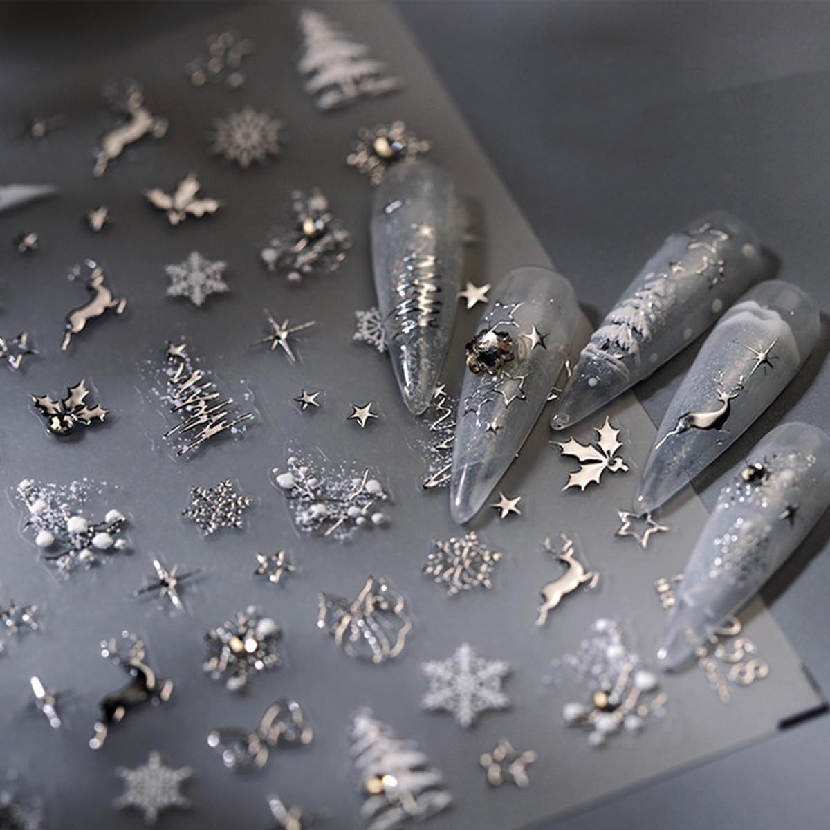 Christmas Nail Sticker 5D Embossed Sliver Reindeer Xmas Tree Snowflake Nails Art Sticker Self Adhesive Nail Decals Holiday Nail Art for Women Manicure Supplies Nails Art Decorations