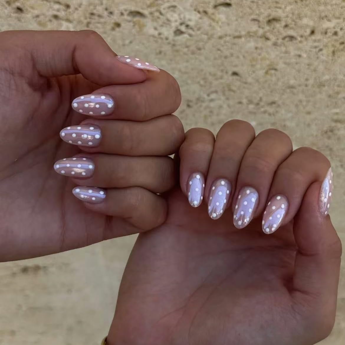 Handmade French tip Press on Nails Medium style Almond Fake Nails with Glue Full Cover Glossy False Nails Stick on Nails for Women Manicure Aurora Powder Decoration White polka dots 10PCS (MT-137-L)