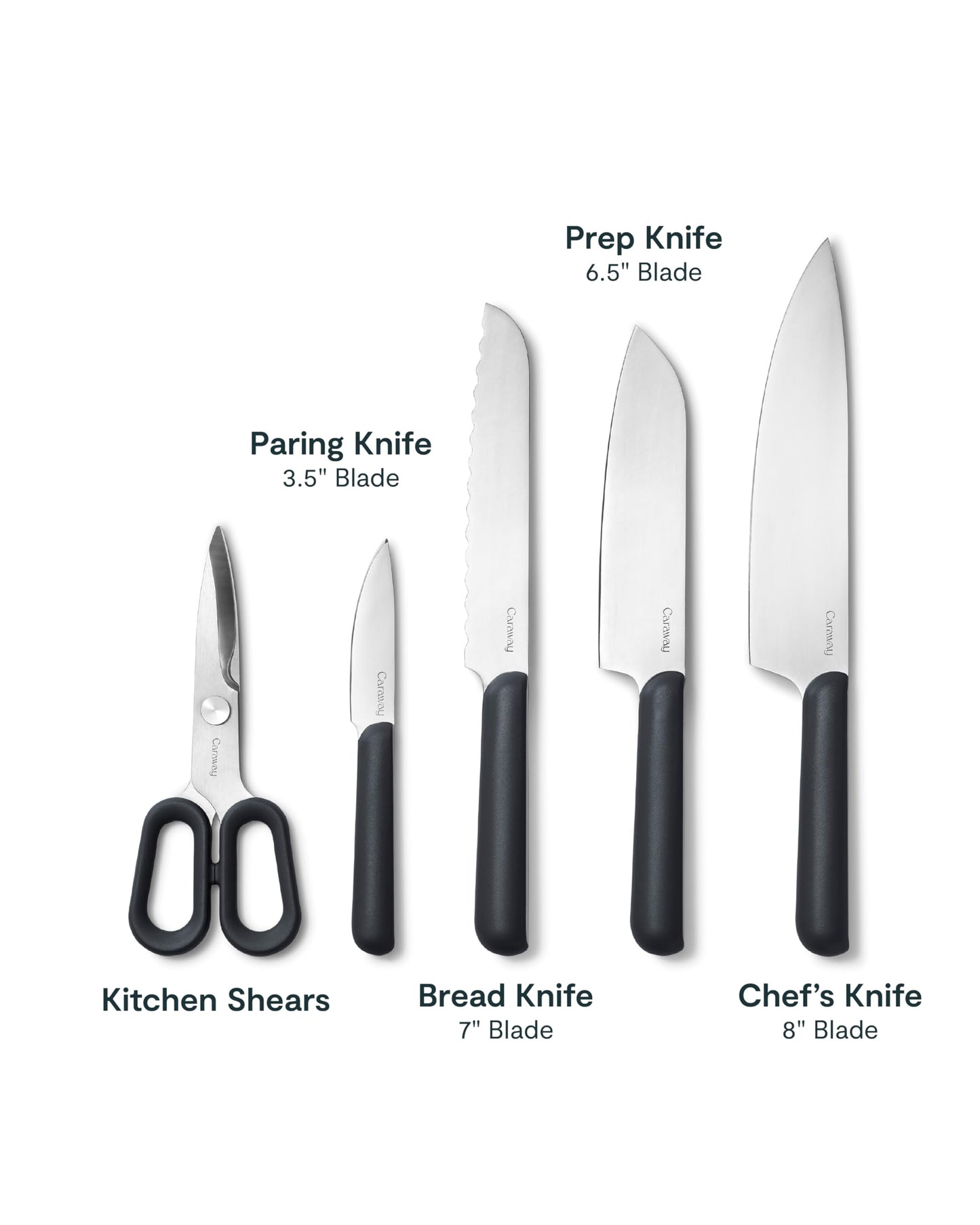 Caraway 5 Piece Knife Set - Premium German Steel Blade Kitchen Knives - Ergonomic Handles - No Microplastics - Charcoal