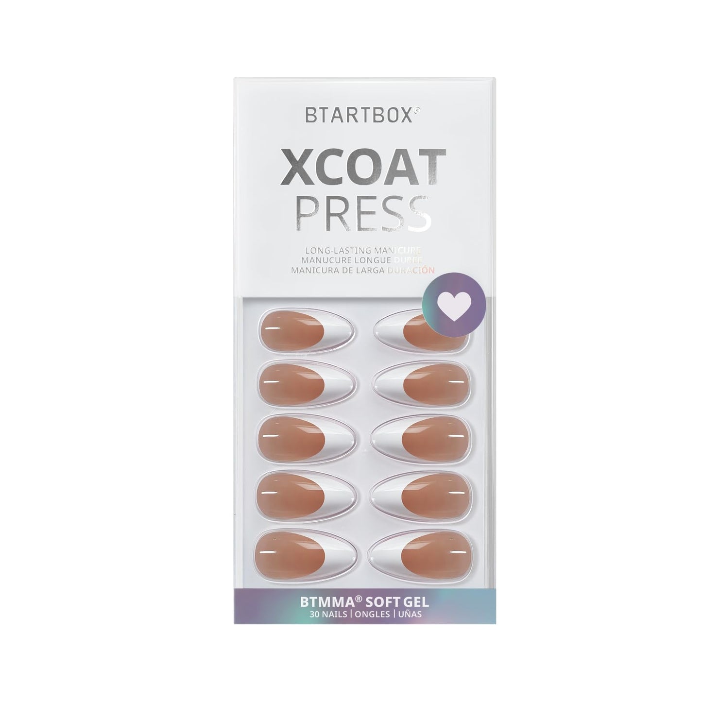 BTArtbox French Tip Press On Nails - Medium Press On Nails Almond, Natural Fake Nail with Nail Glue, Brown Glue On Nails in 16 Sizes - 32 Fake Nails Kit, Capable